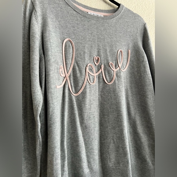 Celebrate Together Love Sweater XL Gray Long Sleeve Embroidered Pink Script - Picture 5 of 7